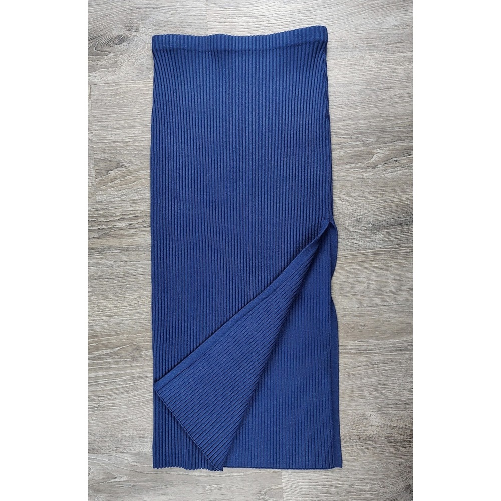 Nordstrom Open Edit Ribbed Slit Midi Skirt‎ Blue Stretch Women S